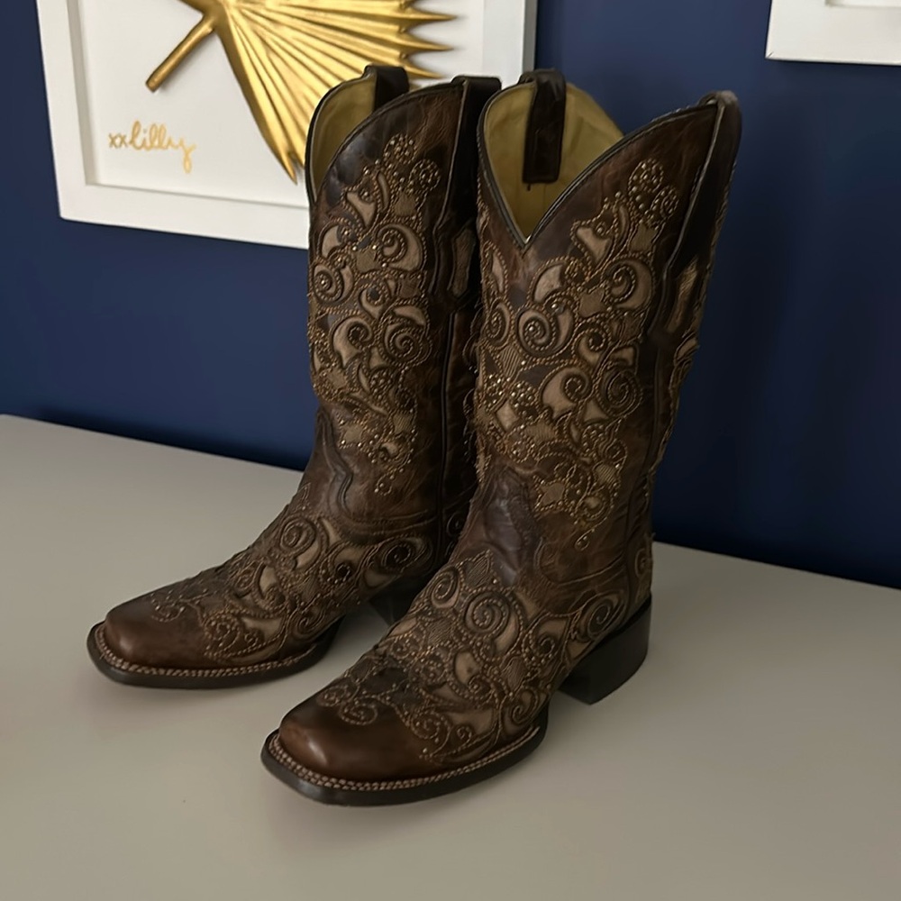 Corral Boots Brown Studded Square Toe